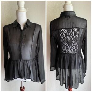 LAST CHANCE‼️ Olsenboye Sheer Black Leather & Lace Blouse